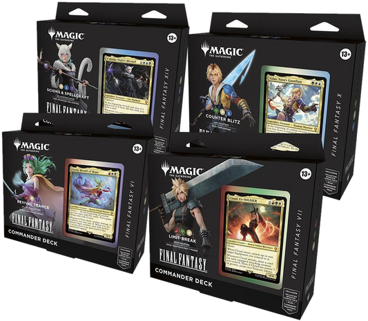 Four Magic: The Gathering Final Fantasy Commander decks featuring Y'shtola, Tidus, Terra, and Cloud.