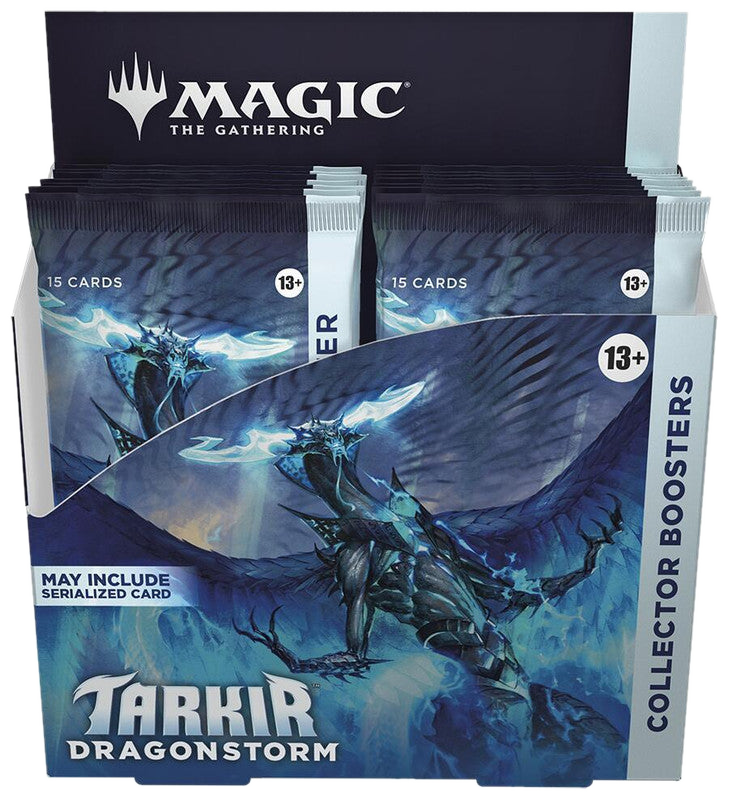 A Magic The Gathering Tarkir Dragonstorm collector booster box featuring dragon artwork.