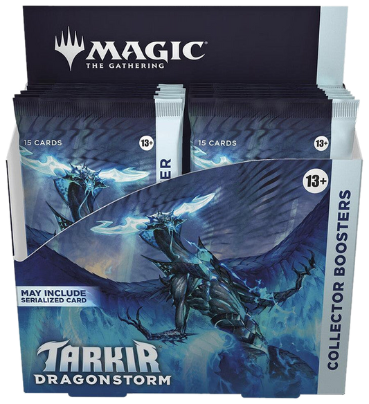 A Magic The Gathering Tarkir Dragonstorm collector booster box featuring dragon artwork.