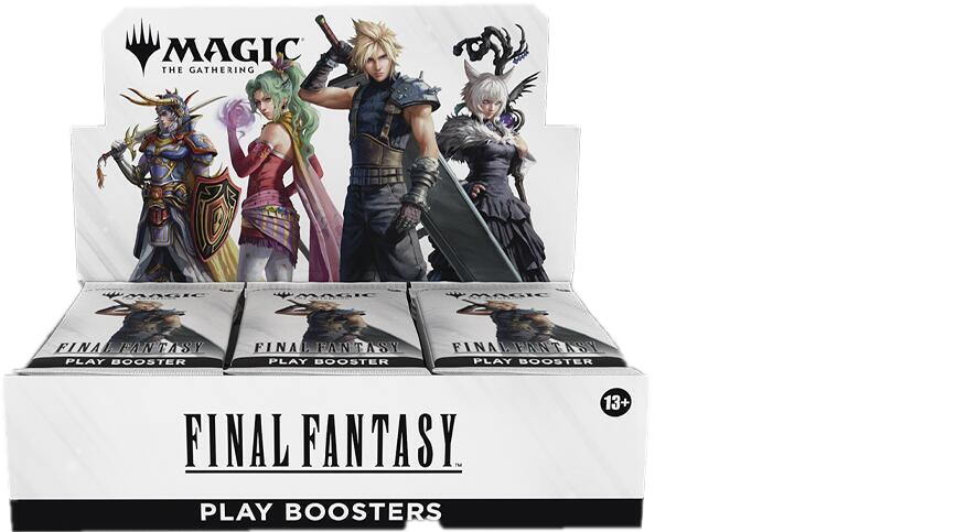 A Magic The Gathering Final Fantasy play booster case featuring Cloud Strife and other characters.