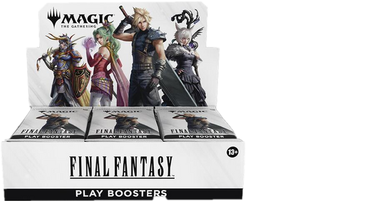 A Magic The Gathering Final Fantasy play booster case featuring Cloud Strife and other characters.