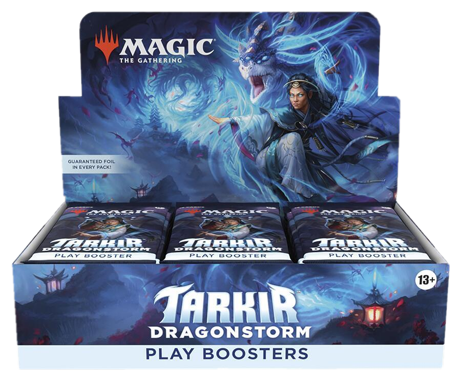 A Magic The Gathering Tarkir Dragonstorm play booster box featuring fantasy dragon artwork.