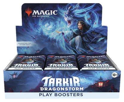 A Magic The Gathering Tarkir Dragonstorm play booster box featuring fantasy dragon artwork.