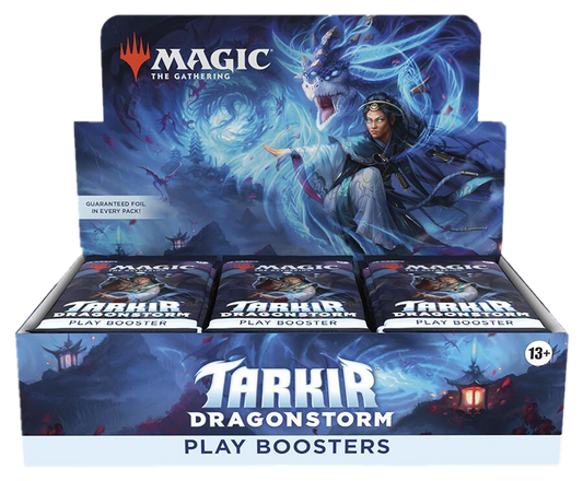 A Magic The Gathering Tarkir Dragonstorm play booster box featuring fantasy dragon artwork.
