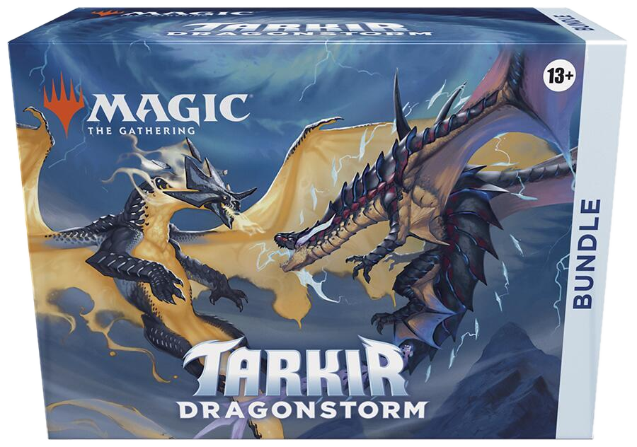 A Magic: The Gathering Tarkir Dragonstorm bundle box featuring two dragons on the front.
