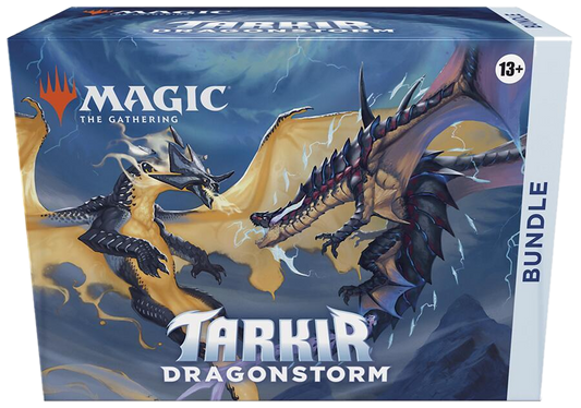 A Magic: The Gathering Tarkir Dragonstorm bundle box featuring two dragons on the front.