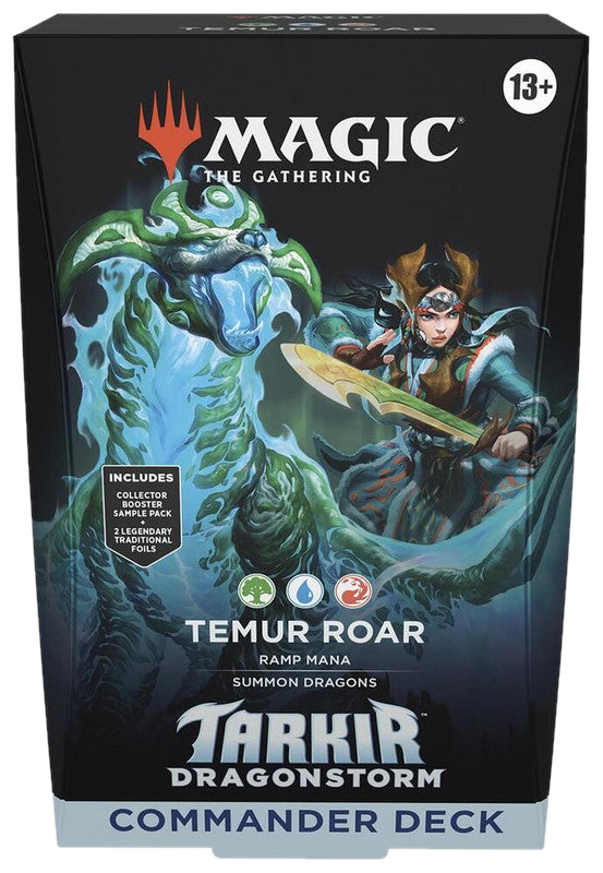 The Magic: The Gathering Tarkir Dragonstorm Commander Deck box features Temur Roar artwork.
