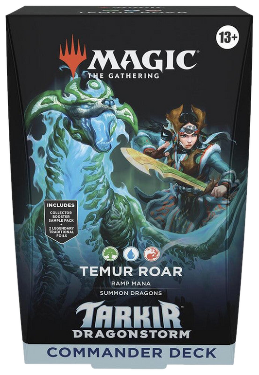 The Magic: The Gathering Tarkir Dragonstorm Commander Deck box features Temur Roar artwork.