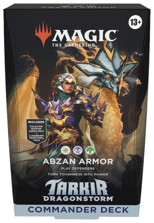 A Magic the Gathering Tarkir Dragonstorm Abzan Armor Commander deck box featuring fantasy art.