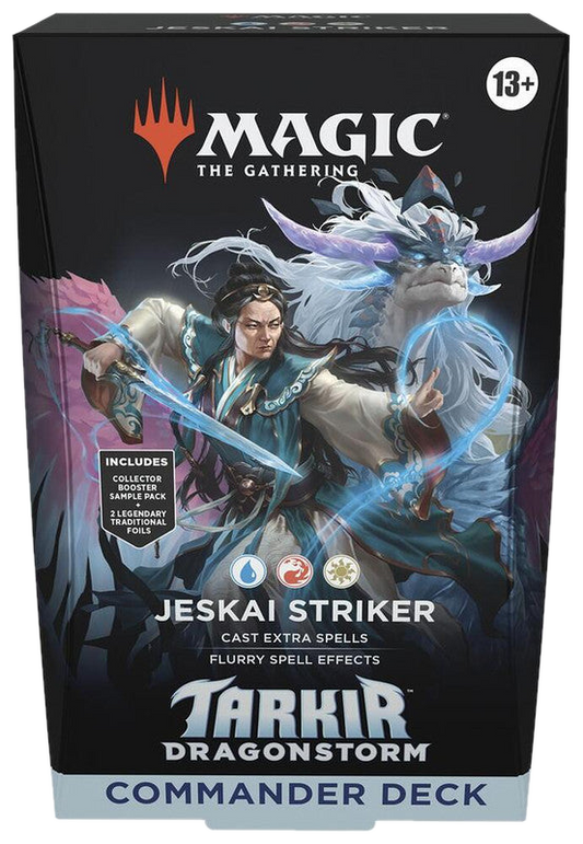 A Magic the Gathering Tarkir Dragonstorm Commander deck box featuring Jeskai Striker artwork.