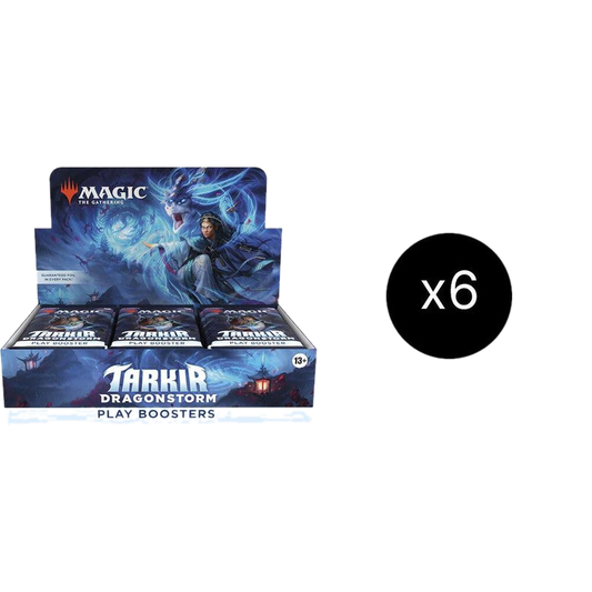 A case of six Magic the Gathering Tarkir Dragonstorm play booster boxes.
