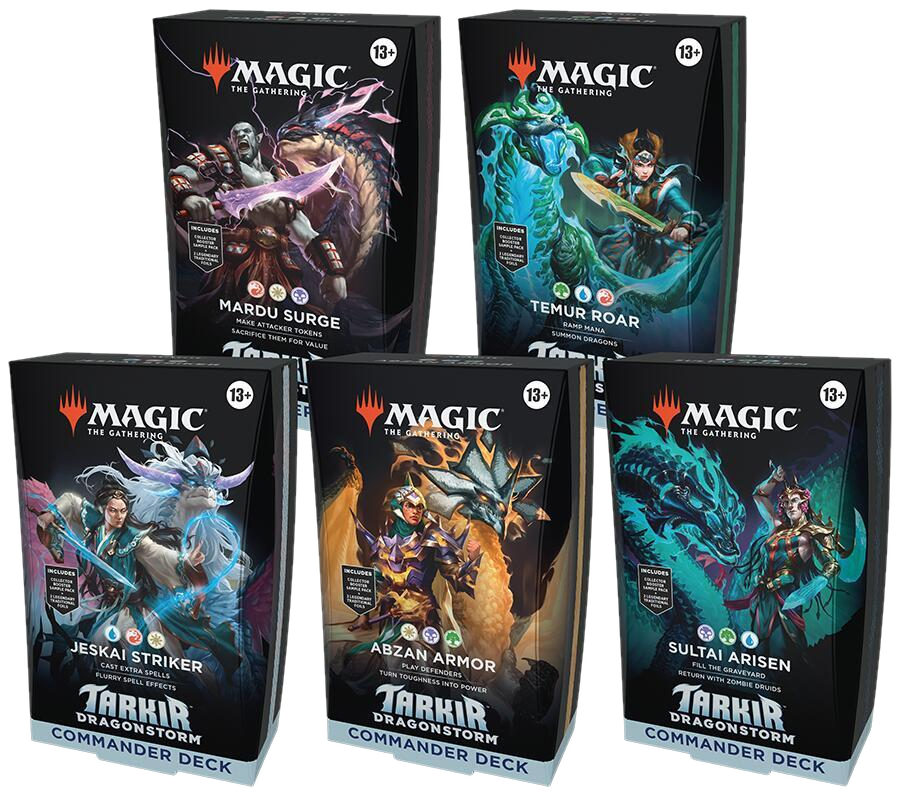 Five Magic: The Gathering Tarkir Dragonstorm Commander decks arranged in a group.