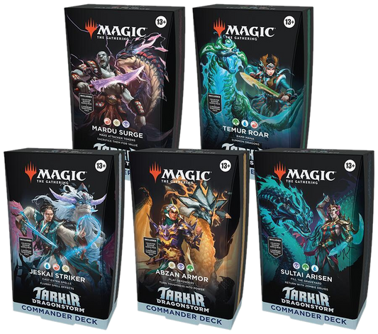 Five Magic: The Gathering Tarkir Dragonstorm Commander decks arranged in a group.