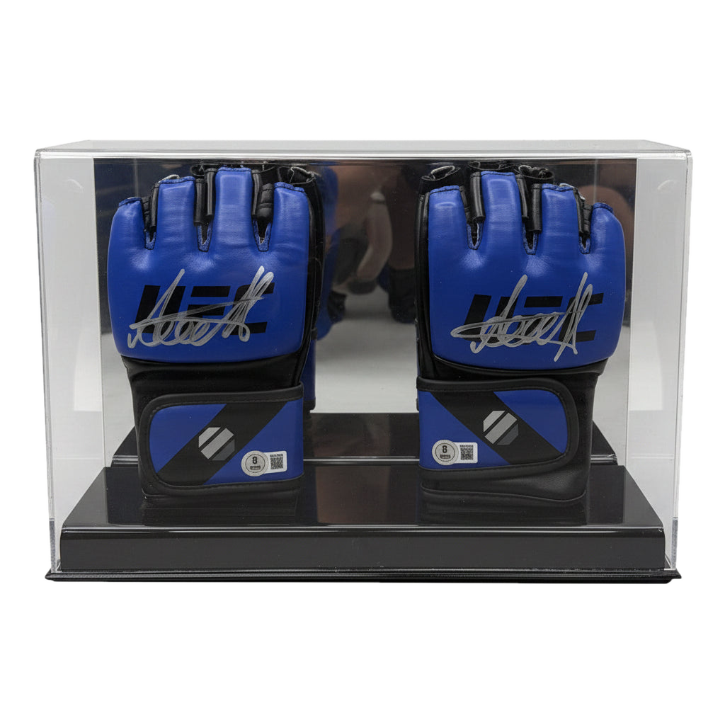 A pair of blue Arman Tsarukyan signature MMA gloves displayed in a clear acrylic case.