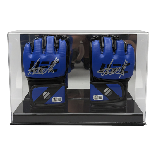A pair of blue Arman Tsarukyan signature MMA gloves displayed in a clear acrylic case.