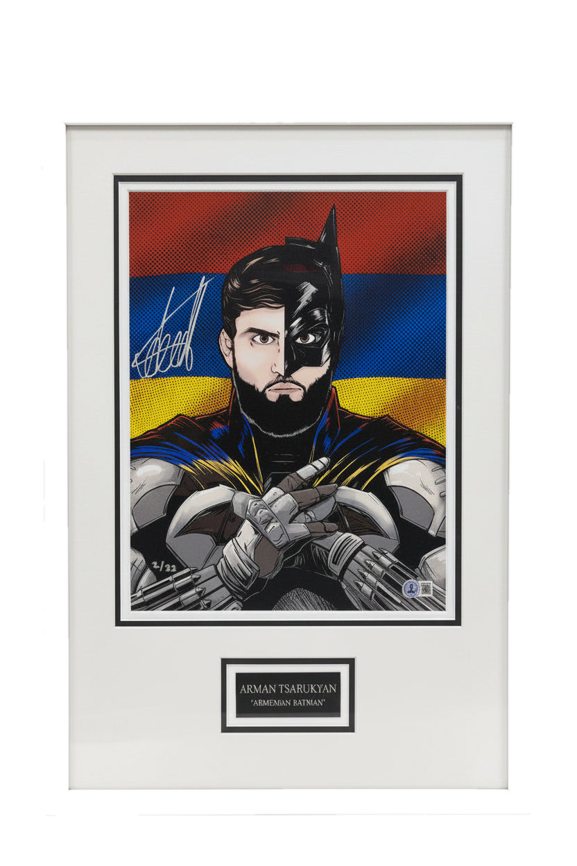 A framed art print of Arman Tsarukyan depicted as Batman against the Armenian flag.