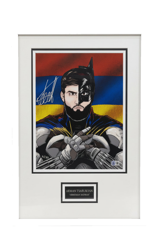 A framed art print of Arman Tsarukyan depicted as Batman against the Armenian flag.