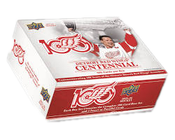 A 2025-26 Upper Deck Detroit Red Wings Centennial hockey card box set on a white background.