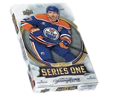 A 2025-26 Upper Deck Series 1 hockey hobby box featuring Connor McDavid on the packaging.