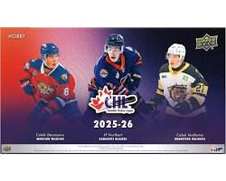 A 2025-26 Upper Deck CHL Hockey hobby box featuring three young hockey players on the cover.