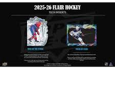 A promotional graphic for 2025-26 Flair Hockey showing two die-cut and tech-style insert cards.