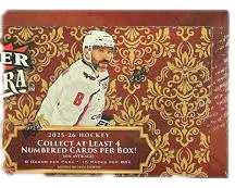 A 2025-26 Upper Deck Fleer Ultra hockey hobby box featuring a player on the packaging.