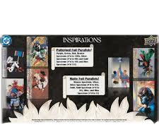 A promotional display for 2025 Upper Deck DC Inspirations trading cards showing various parallels.