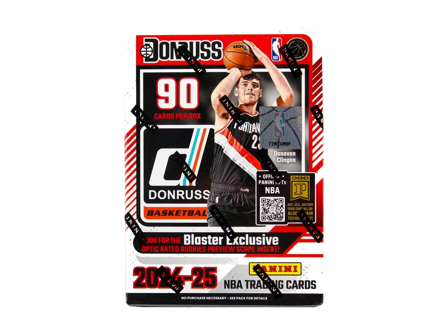 A 2024-25 Panini Donruss Basketball blaster box featuring Donovan Clingan on the packaging.