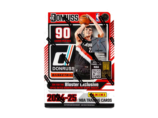 A 2024-25 Panini Donruss Basketball blaster box featuring Donovan Clingan on the packaging.