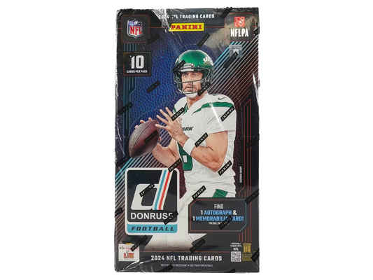 A 2024 Panini Donruss Football hobby box featuring Aaron Rodgers on the packaging.