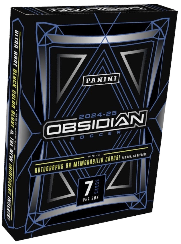 A 2024-25 Panini Obsidian Soccer hobby box featuring a black and blue geometric design.