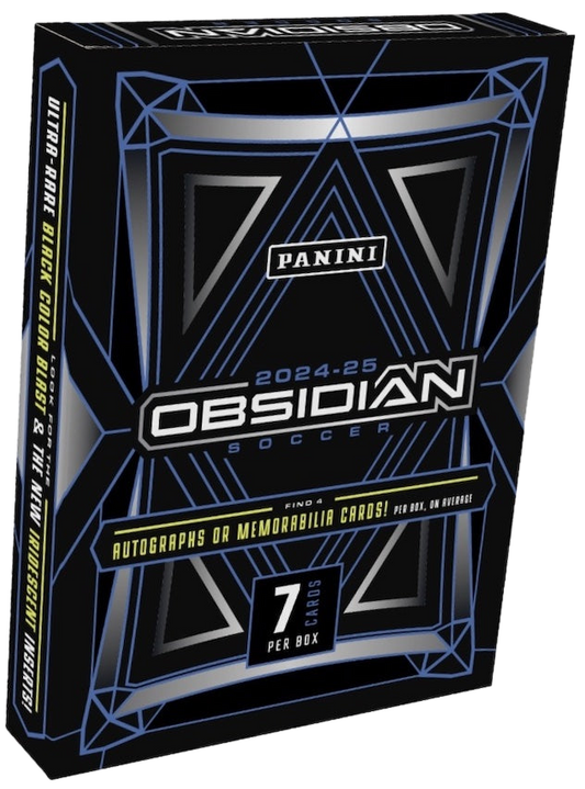 A 2024-25 Panini Obsidian Soccer hobby box featuring a black and blue geometric design.