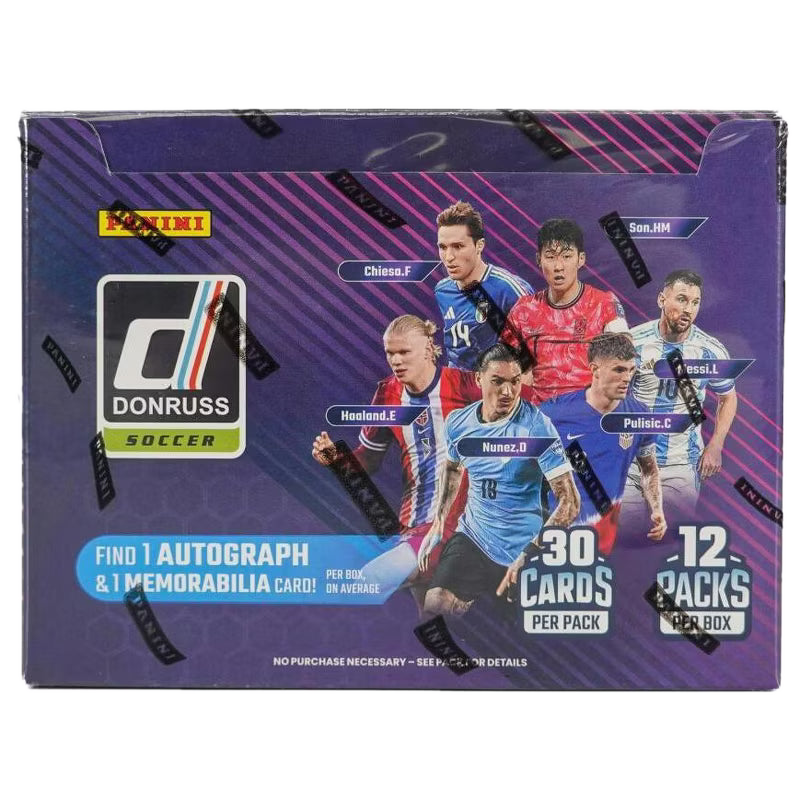 A 2024-25 Panini Donruss Soccer hobby box featuring various professional soccer players.