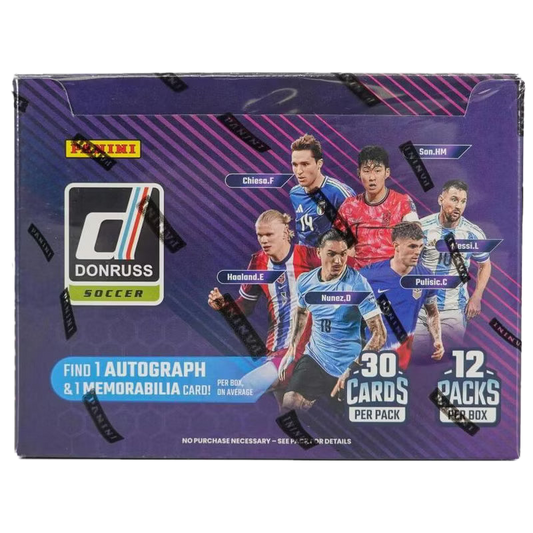 A 2024-25 Panini Donruss Soccer hobby box featuring various professional soccer players.