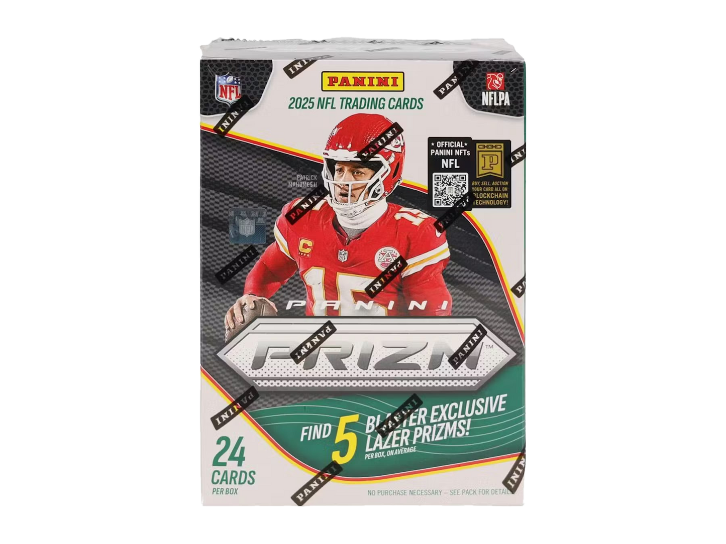 A 2025 Panini Prizm Football blaster box featuring Patrick Mahomes on the packaging.