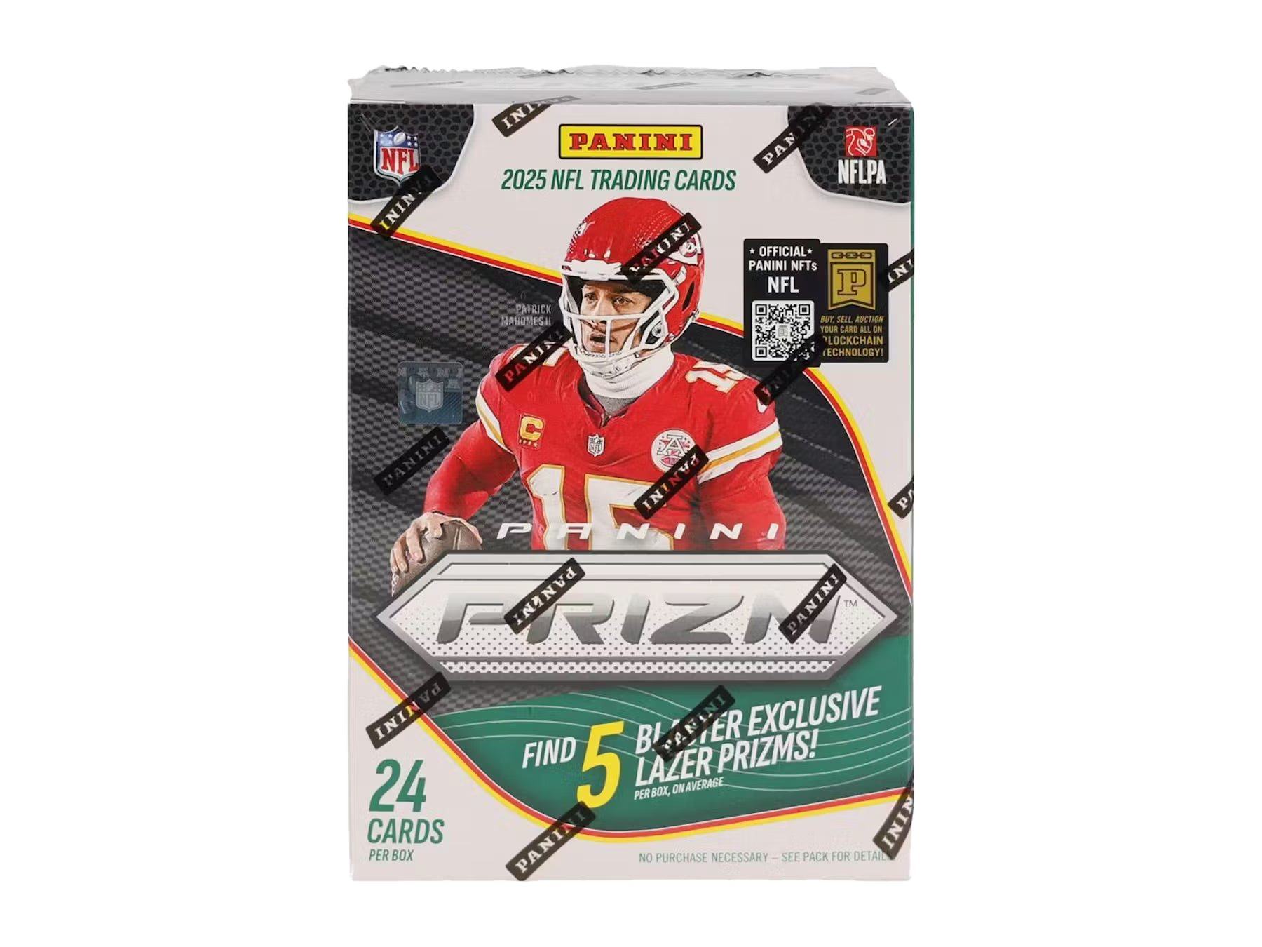 A 2025 Panini Prizm Football blaster box featuring Patrick Mahomes on the packaging.