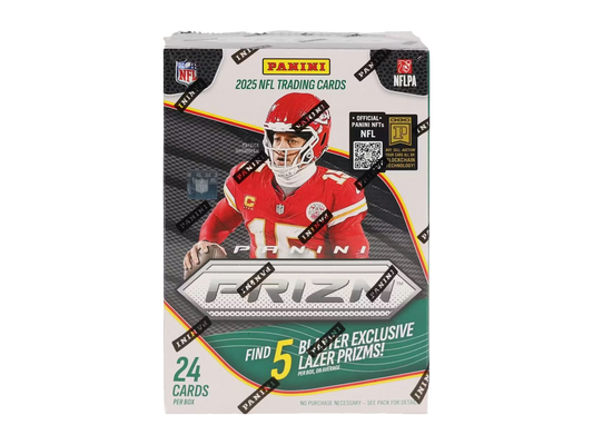 A 2025 Panini Prizm Football blaster box featuring Patrick Mahomes on the packaging.