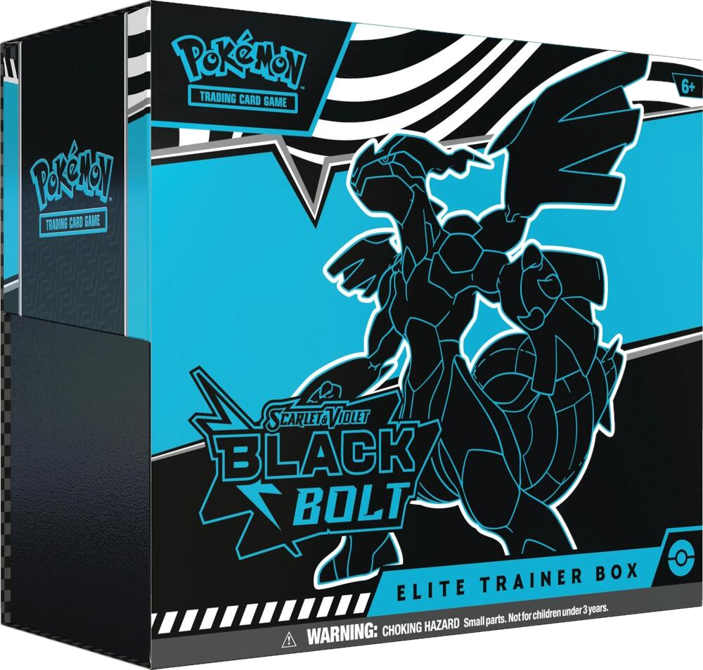 A Pokemon Black Bolt Elite Trainer Box featuring a stylized black and blue Zekrom illustration.