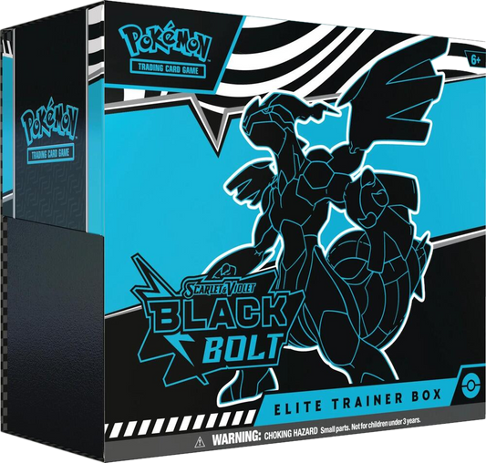 A Pokemon Black Bolt Elite Trainer Box featuring a stylized black and blue Zekrom illustration.