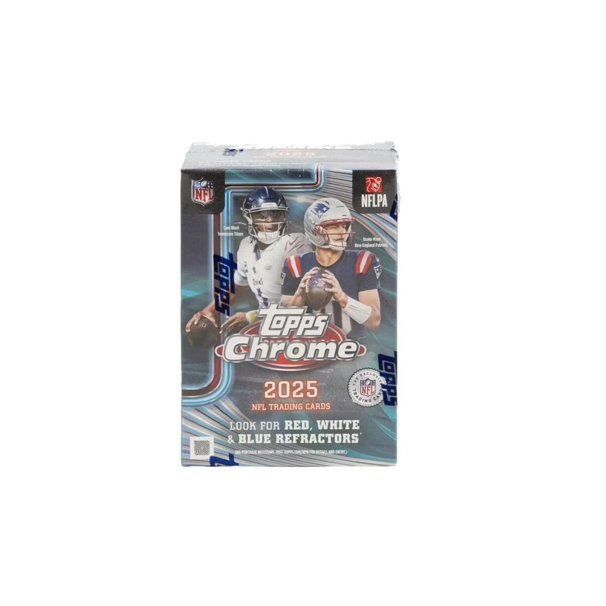 A 2025 Topps Chrome Football blaster box featuring images of Cam Ward and Drake Maye.