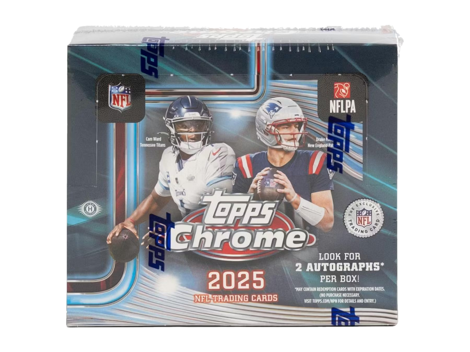 A 2025 Topps Chrome Football jumbo hobby box featuring images of two NFL players.