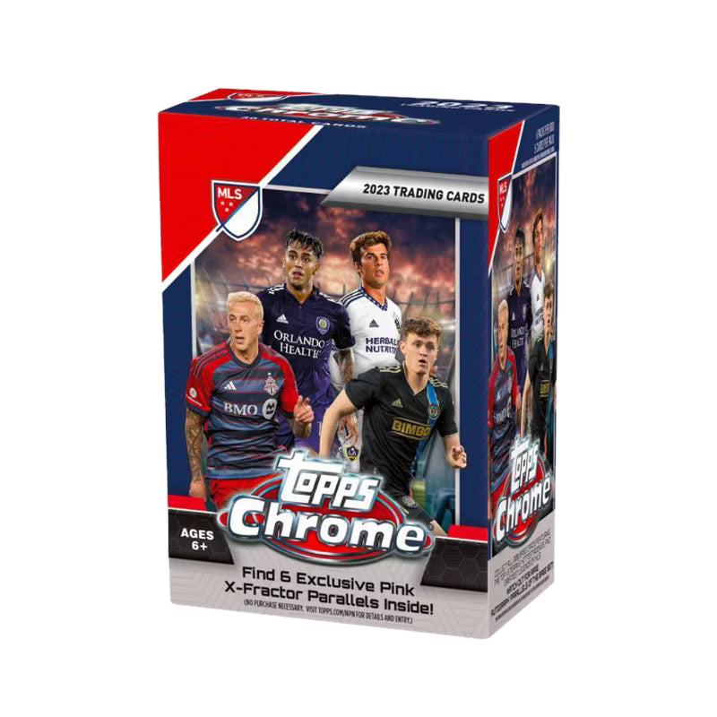 A 2023 Topps Chrome MLS soccer trading card blaster box featuring player imagery.