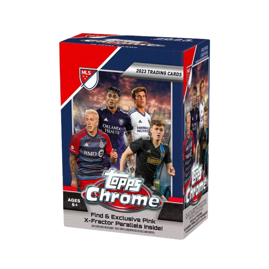 A 2023 Topps Chrome MLS soccer trading card blaster box featuring player imagery.