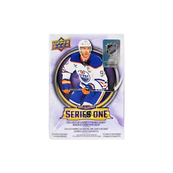 A 2025-26 Upper Deck Series 1 hockey trading card blaster box featuring Connor McDavid.