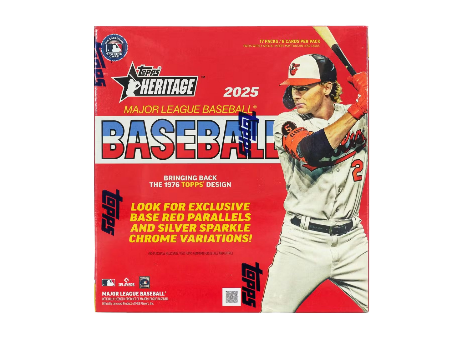 A 2025 Topps Heritage Baseball mega box featuring a player on the front cover.