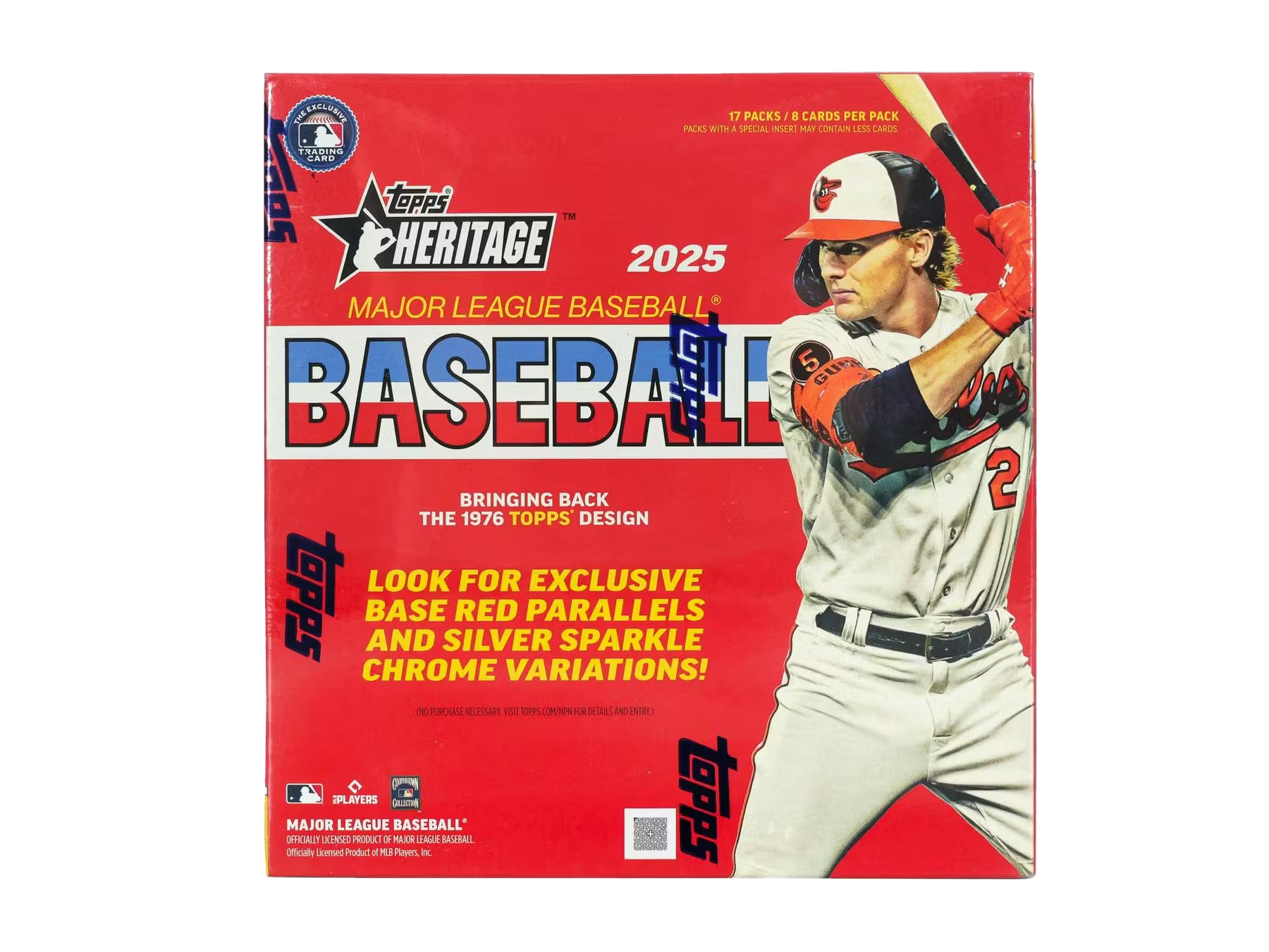 A 2025 Topps Heritage Baseball mega box featuring a player on the front cover.
