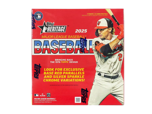 A 2025 Topps Heritage Baseball mega box featuring a player on the front cover.