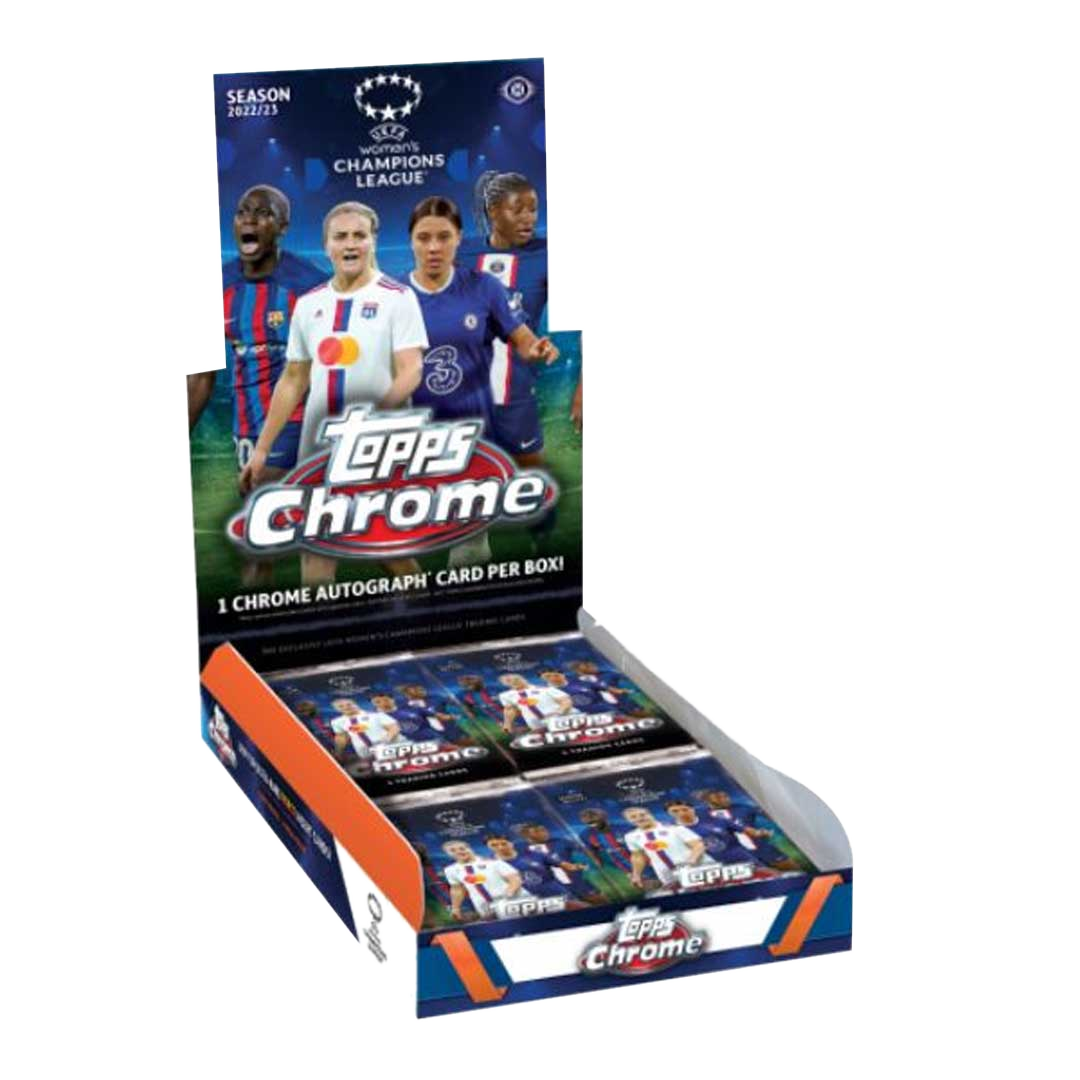A 2022-23 Topps UEFA Women's Champions League Chrome soccer hobby box with packs inside.