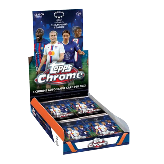 A 2022-23 Topps UEFA Women's Champions League Chrome soccer hobby box with packs inside.