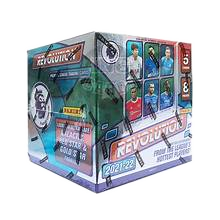 A 2021-22 Panini Revolution Soccer Asia Tmall hobby box featuring Premier League player imagery.